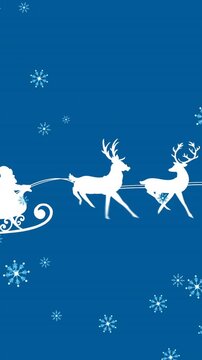 Animation of snowflakes falling over santa claus in sleigh being pulled by reindeers