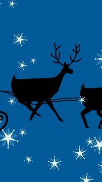 Animation of stars falling over silhouette of santa claus in sleigh being pulled by reindeers