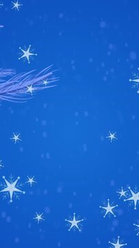 Animation of stars over christmas tree in a snow globe hanging on tree branch on blue background