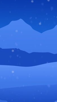 Animation snow falling over mountains and trees on winter landscape with copy space
