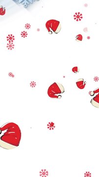 Animation of santa hats falling over snow falling on white background