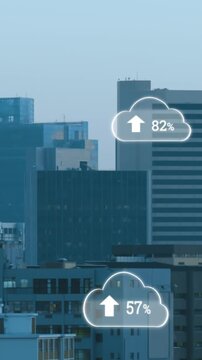 Animation of digital clouds with uploading floating over cityscape