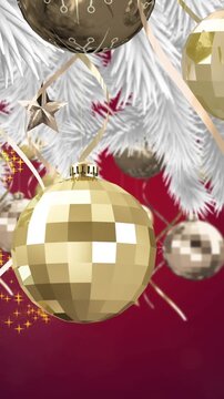 Animation of christmas tree with baubles and decorations over snow falling on red background