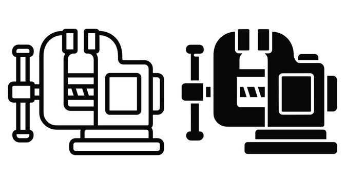 Bench vise icon set featuring outline and solid glyph styles for workshop tools industrial equipment carpentry metalworking hardware and mechanical engineering