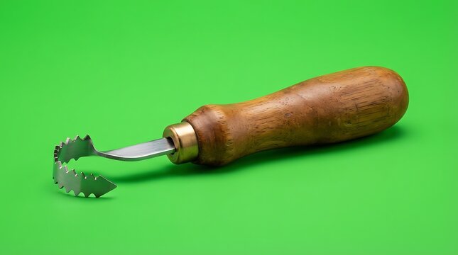 A vintage citrus zester with a wooden handle isolated on green background