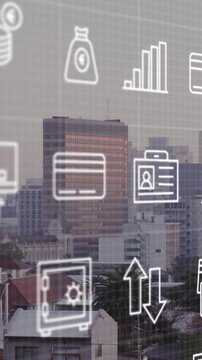 Animation of financial icons and data processing over cityscape