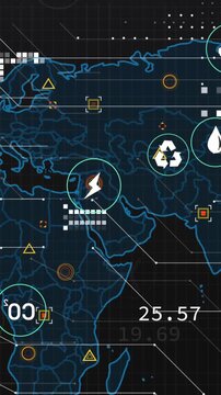 Animation of digital icons and data processing over world map against black background