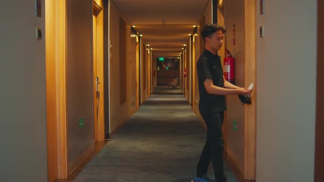 Man Walking Down Hotel Hallway and Stopping at Door