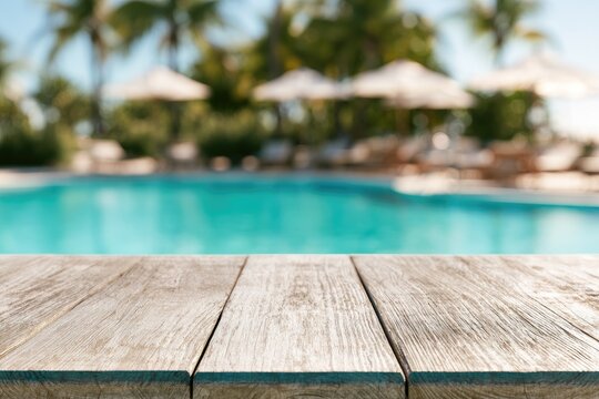 Distant blurred resort pool with loungers and umbrellas, in foreground wooden table