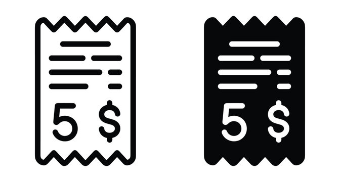 Receipt icon set showing five dollar bill payment invoice document for retail shopping business transaction financial accounting expense paper symbol