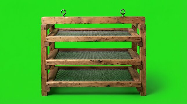 Three tier wooden storage rack isolated on a vibrant green background