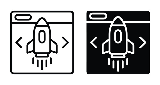 Rocket ship launching from browser window icon set for web development startup project launch speed optimization and digital marketing performance