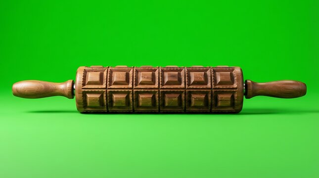 A wooden rolling pin with a square grid pattern against green background