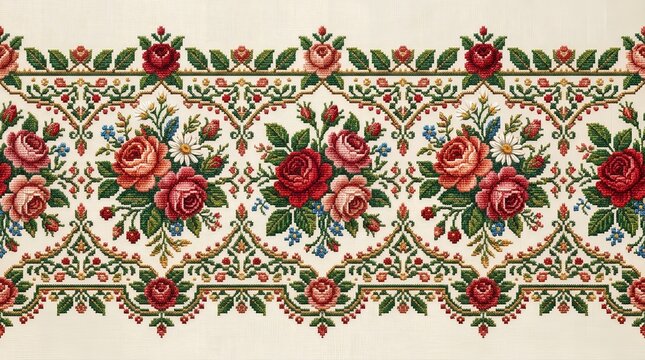 Traditional floral cross stitch embroidery pattern with red roses and green leafy border.