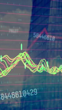 Animation of multiple changing numbers and data processing against tall building and cityscape