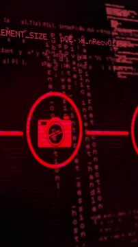 Animation of network of digital icons and data processing against black background