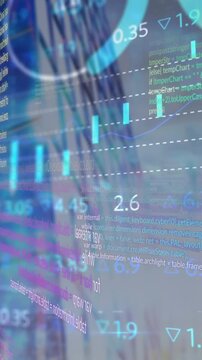Animation of statistical and stock market data processing against lowangle view of tall bulding