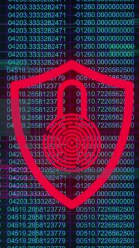 Animation of security padlock and shield icon against data processing on black background