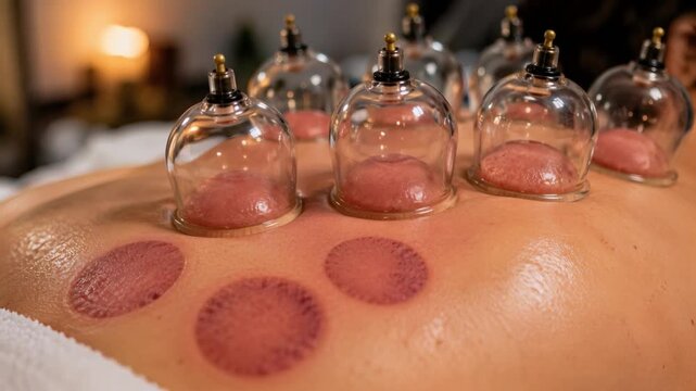 Cupping therapy treatment on a person's back in a wellness spa  