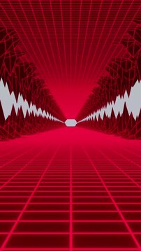 Animation of diminishing perspective of grid road passing through mountains