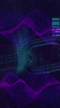 Animation of blockchain, computer language and abstract pattern over dynamic waves