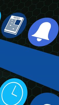 Animation of multiple icon in circles with lines over hexagons pattern against black background