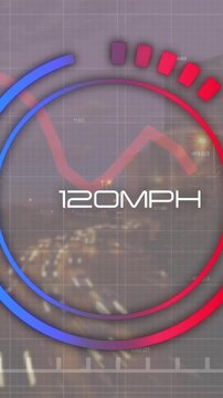 Animation of changing numbers in loading speedometer, graphs, time-lapse of moving vehicles in city