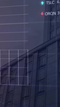 Animation of multiple graphs, trading boards and computer language over buildings against sky