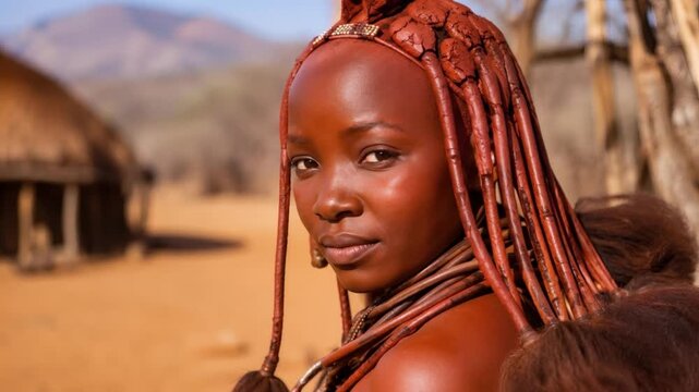 Young woman with traditional attire standing in a rural African village  
