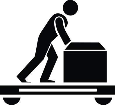 Worker pushing heavy box on manual trolley icon black logistics and warehouse labor design.