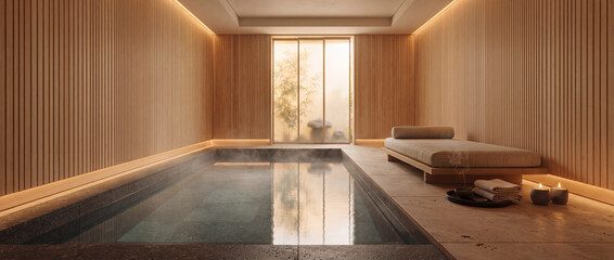 Obraz premium Onsen bath interior with steaming pool, minimalist wooden slatted walls, stone flooring, daybed, and candles for luxury wellness, zen relaxation, and boutique hotel spa design