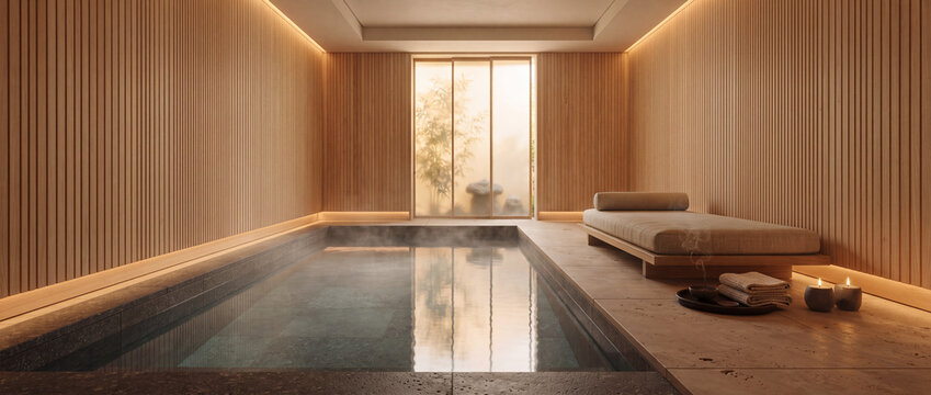 Onsen bath interior with steaming pool, minimalist wooden slatted walls, stone flooring, daybed, and candles for luxury wellness, zen relaxation, and boutique hotel spa design