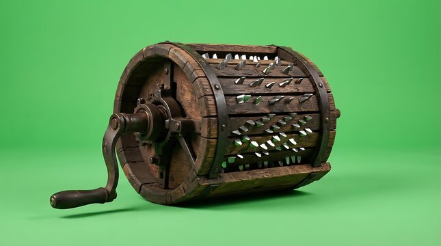 A vintage mechanical cryptographic machine isolated on a solid green background