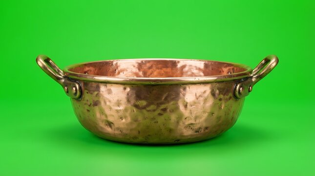 A traditional handcrafted copper kadai bowl isolated on a green background