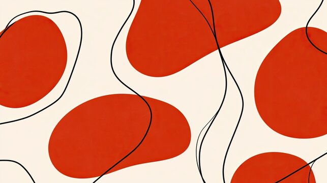 Organic red shapes and flowing black lines on a pale background