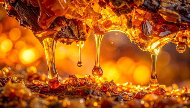 Raw golden tree resin extract flowing downward for natural cosmetics concept
