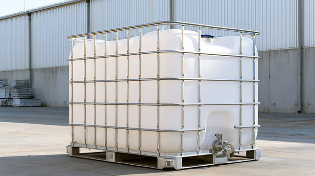 Industrial large plastic liquid storage container tote IBC tank with metal cage frame on wooden pallet outside modern warehouse facility yard