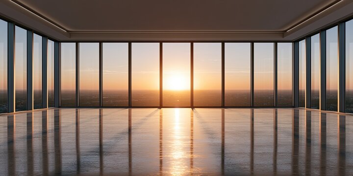 Expansive modern room with floor-to-ceiling windows at sunset