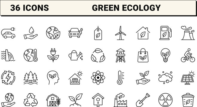 Ecology and environment line icon set. Vector pictograms of renewable energy, recycling, conservation, and sustainability elements, thin linear illustration.