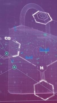 Animation of chemical structures, security padlock and network of digital icons on purple background