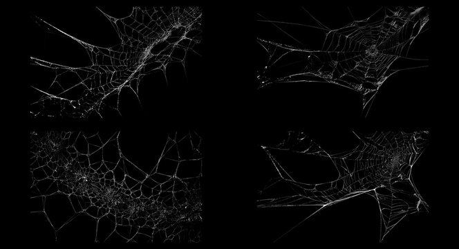 Spooky spider web collection on black background, set of 4 realistic cobweb textures, dark gothic halloween design elements