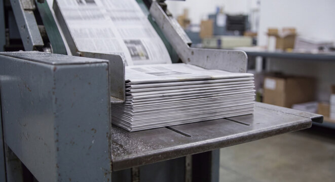 Bundle of folded daily newspapers resting on the stainless steel output platform of an automated printing line