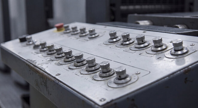 Slanted gray metal control console equipped with push buttons and toggle switches for operating heavy printing machinery