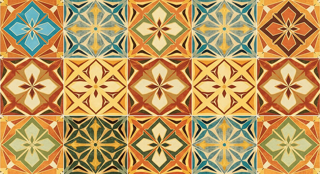 Seamless pattern of colorful vintage ceramic tiles with floral and geometric designs