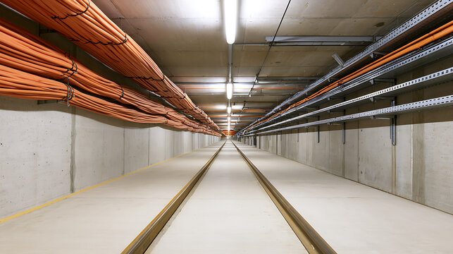 A long underground concrete utility tunnel with multiple rows of orange fiber optic communication cables and metal cable trays lining the wall