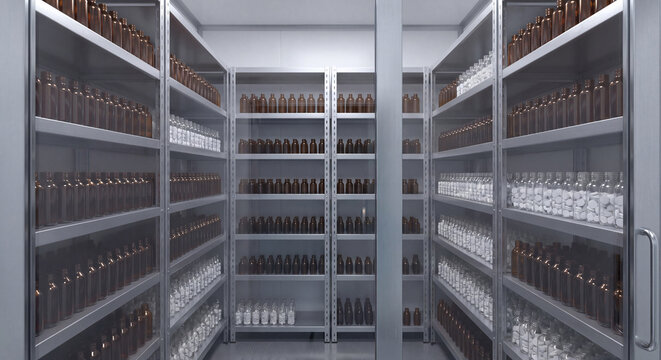 An elevated perspective shot of tall storage racks packed with thousands of small glass medicine bottles in a clean modern pharmacy warehouse