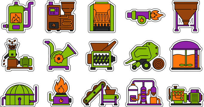 Bioenergy and Biomass Processing Machinery Sticker Set Vector Illustration