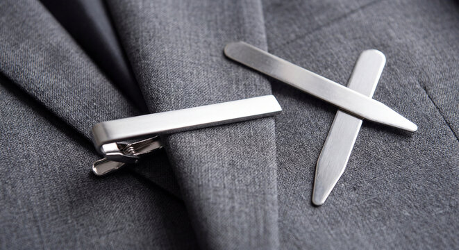 Close-up of stylish silver tie bar clip and matching cufflinks displayed neatly on textured grey woolen suit jacket fabric.