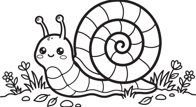Line drawing of a snail with flowers and grass black and white