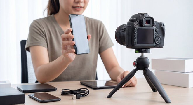 A reviewer holds up a mobile phone while filming an unboxing and technology review video using a tripod camera at a wooden desk